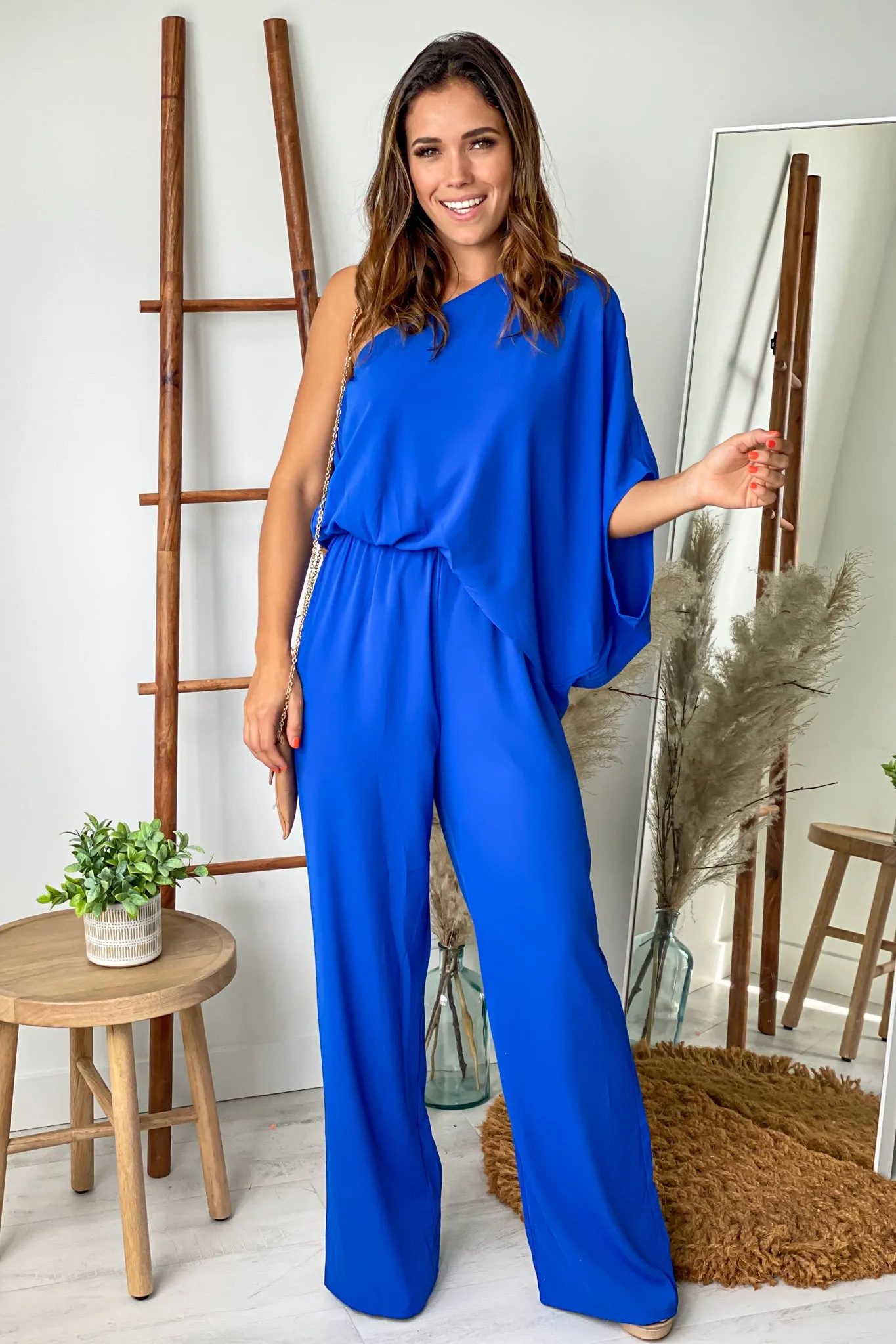Royal Blue One Shoulder 3/4 Sleeve Jumpsuit
