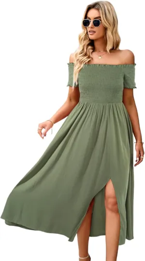 ROYUNA Women's Off The Shoulder Dresses Boho Flowy Smocked Maxi Sundress Beach Vacation Summer Dress 2024