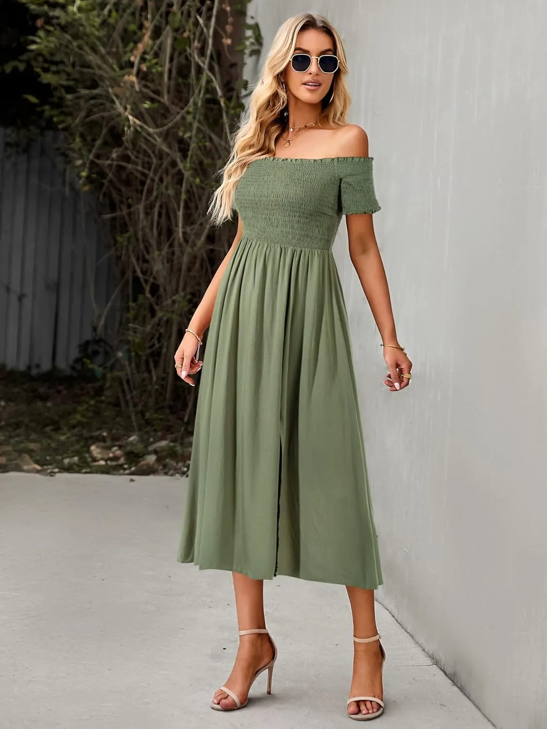 ROYUNA Women's Off The Shoulder Dresses Boho Flowy Smocked Maxi Sundress Beach Vacation Summer Dress 2024