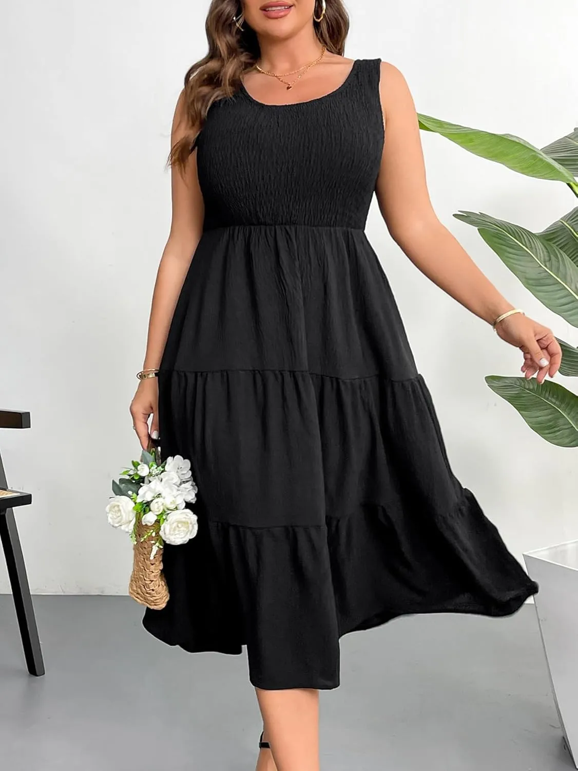 RWJ Plus Size Summer Sleeveless Tank Dress for Women 2025 Smocked Casual Loose Sundress Flowy Beach Tiered Long Midi Dresses