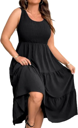RWJ Plus Size Summer Sleeveless Tank Dress for Women 2025 Smocked Casual Loose Sundress Flowy Beach Tiered Long Midi Dresses