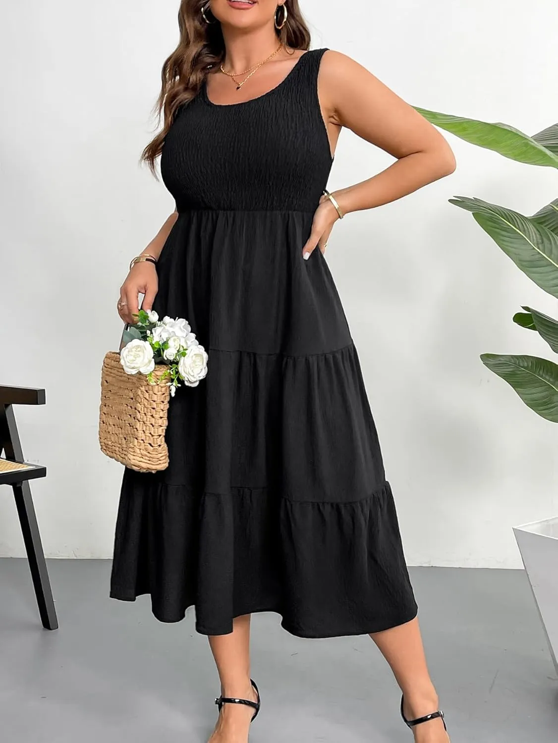 RWJ Plus Size Summer Sleeveless Tank Dress for Women 2025 Smocked Casual Loose Sundress Flowy Beach Tiered Long Midi Dresses