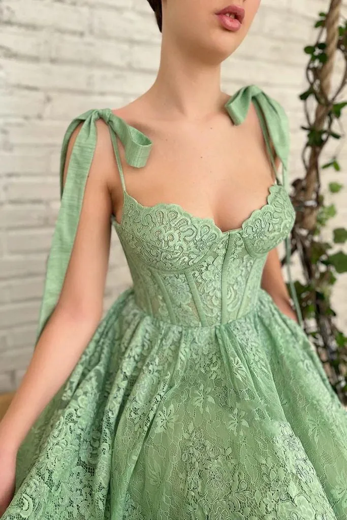 Sage Green Tea Length Lace Corset Wedding Guest Dress Prom Dress