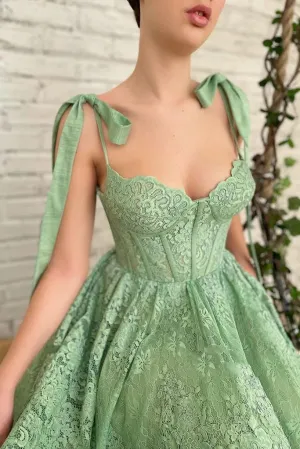 Sage Green Tea Length Lace Corset Wedding Guest Dress Prom Dress