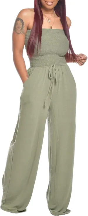 SEMATOMALA Women's Strapless Frill Smocked Bust Wide Leg Pants Romper Tube Top Flare Trousers Jumpsuit Solid Maxi Overalls