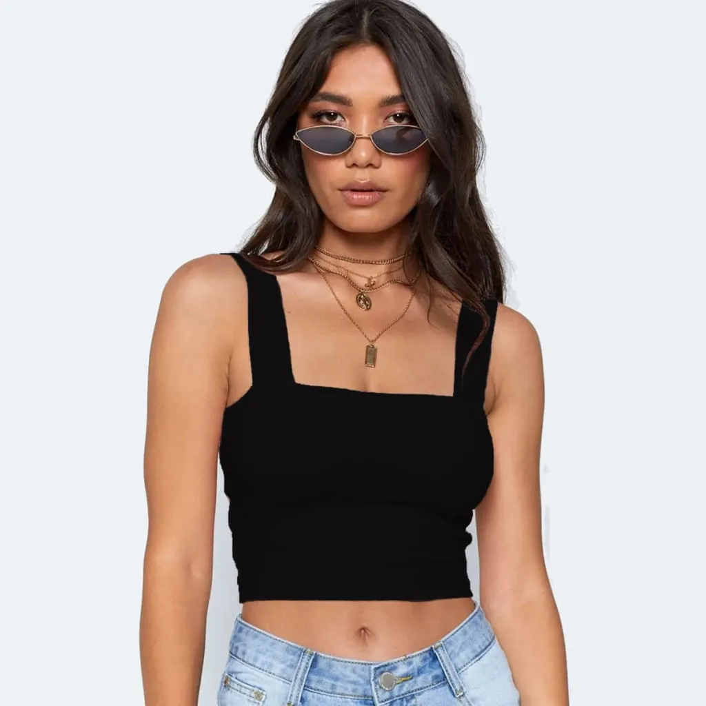 Solid Square Neck Stretch Cami Crop Top