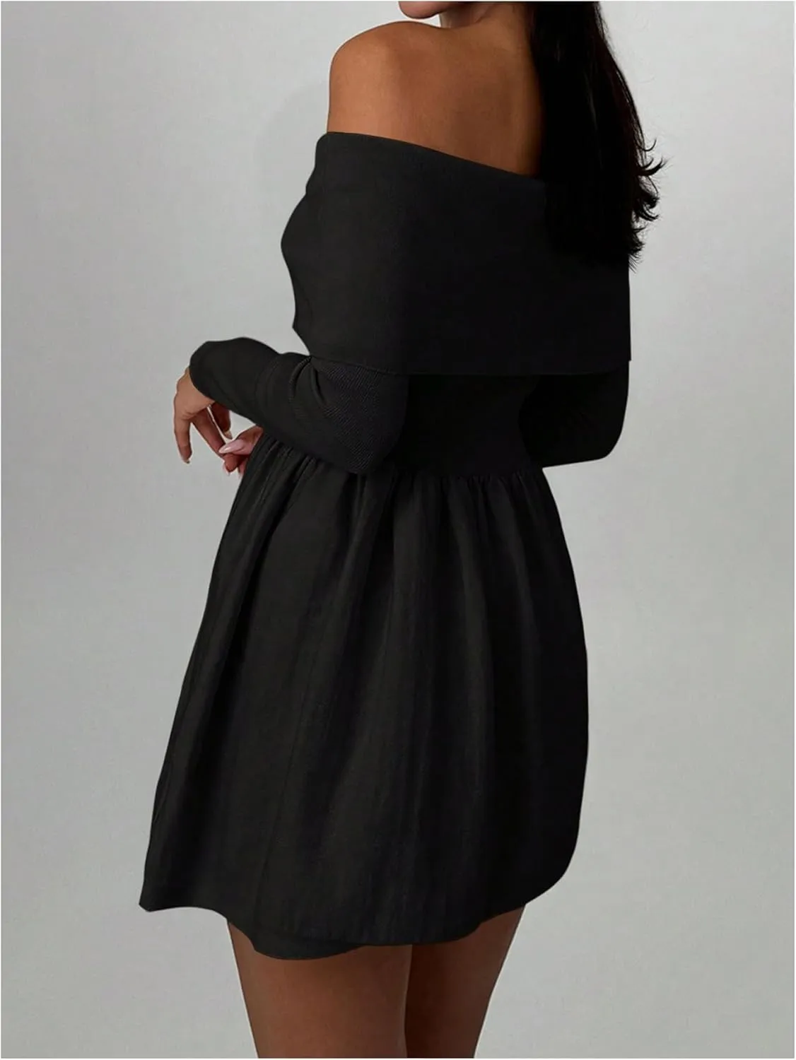 SOLY HUX Women's Off The Shoulder Sweater Dress Long Sleeve A Line Ruffle Hem Knit Mini Dresses