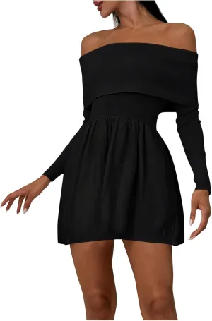 SOLY HUX Women's Off The Shoulder Sweater Dress Long Sleeve A Line Ruffle Hem Knit Mini Dresses