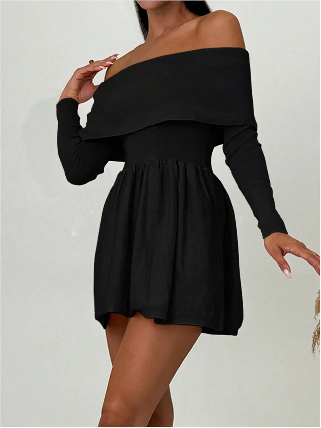 SOLY HUX Women's Off The Shoulder Sweater Dress Long Sleeve A Line Ruffle Hem Knit Mini Dresses