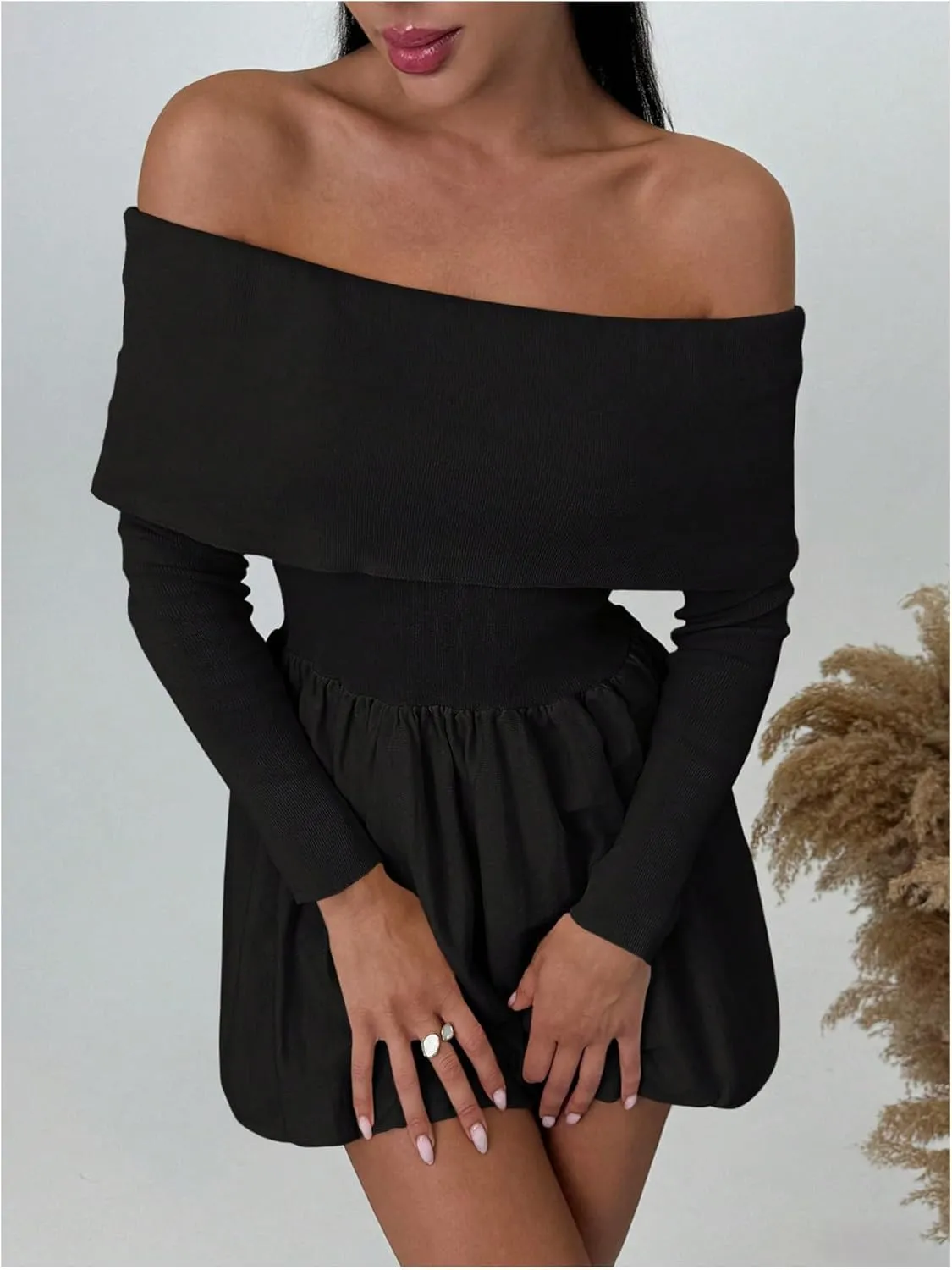 SOLY HUX Women's Off The Shoulder Sweater Dress Long Sleeve A Line Ruffle Hem Knit Mini Dresses