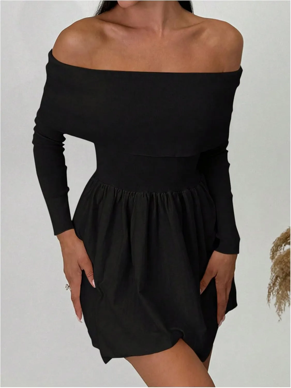 SOLY HUX Women's Off The Shoulder Sweater Dress Long Sleeve A Line Ruffle Hem Knit Mini Dresses