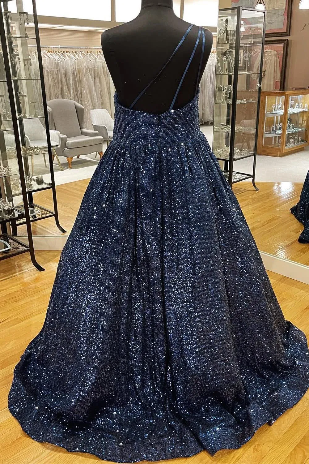 Sparkly Pink One Shoulder A Line Sequins Prom Dress