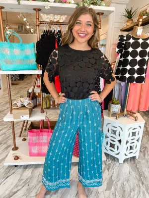 Stop Time Teal Embroidered Pant