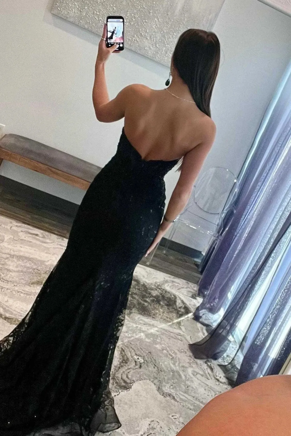 Strapless Mermaid Black Lace Long Prom Dress, Mermaid Black Formal Dress, Black Evening Dress A2067