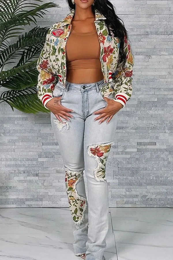 Stylish Print Patchwork Ripped High Waist Jeans