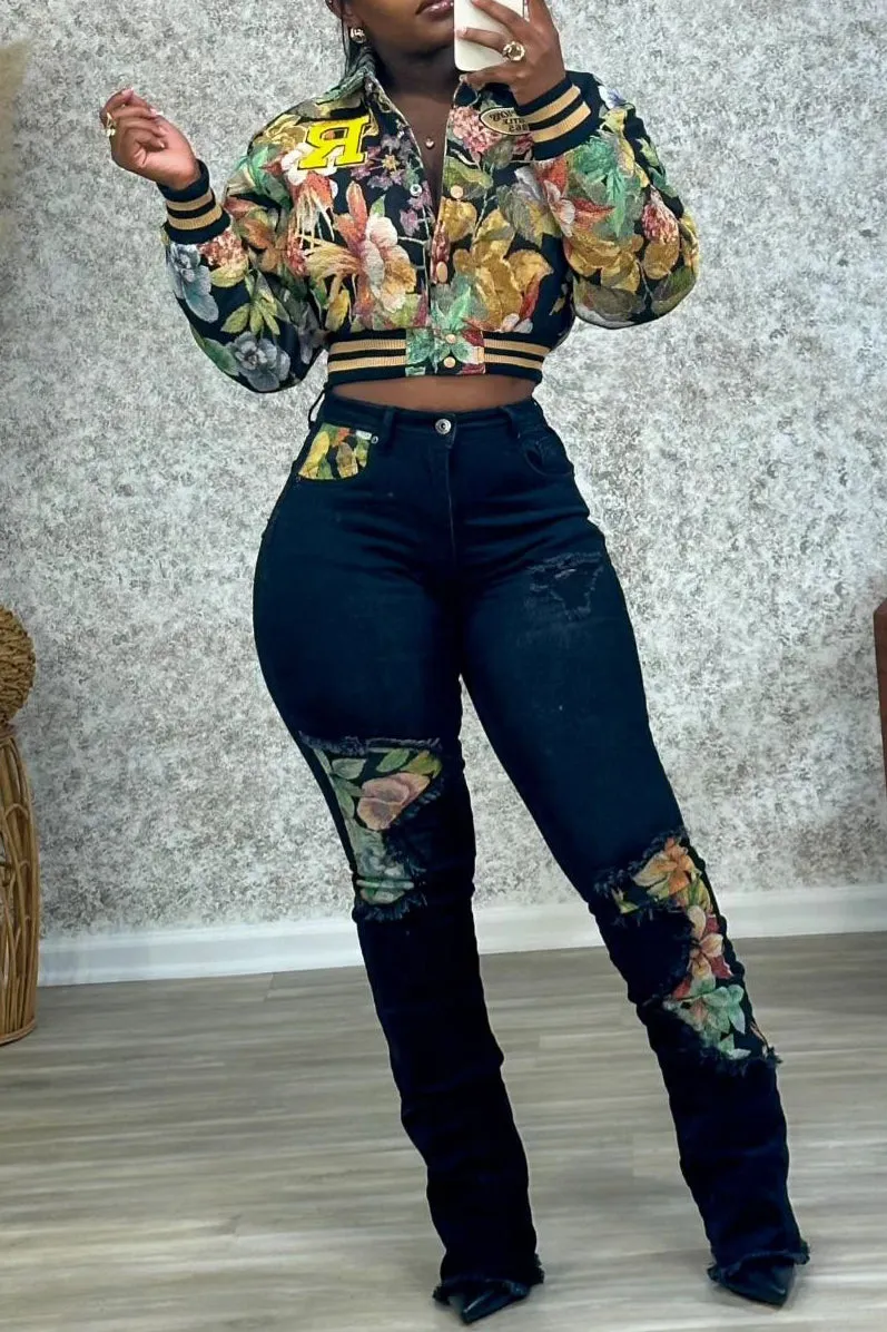 Stylish Print Patchwork Ripped High Waist Jeans