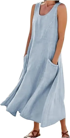 Summer Cotton Linen Dress for Women 2024 Sleeveless Casual Loose Tank Dress with Pockets