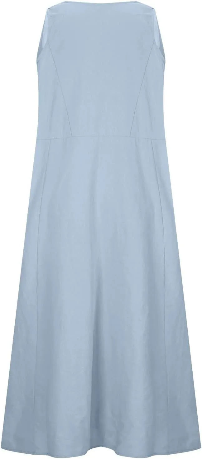Summer Cotton Linen Dress for Women 2024 Sleeveless Casual Loose Tank Dress with Pockets