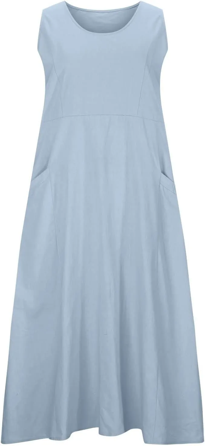 Summer Cotton Linen Dress for Women 2024 Sleeveless Casual Loose Tank Dress with Pockets
