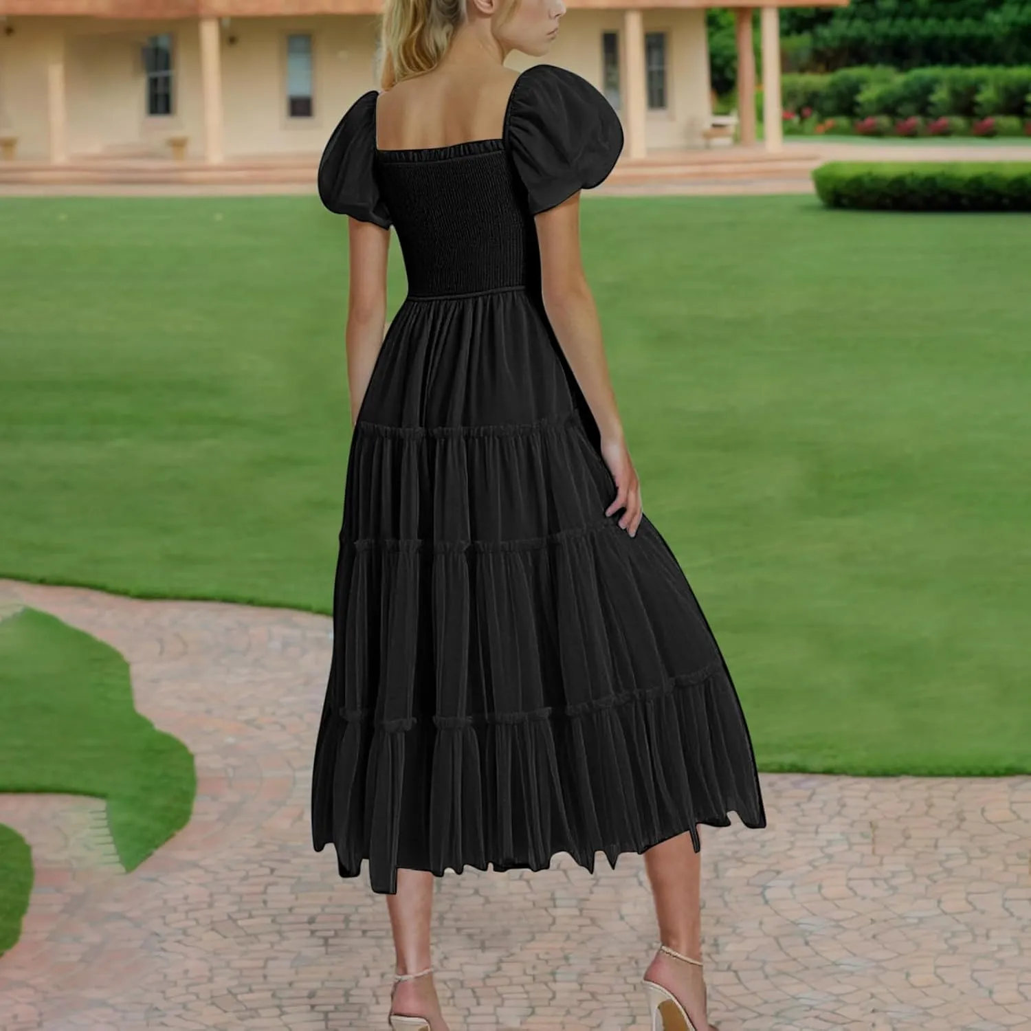 Summer Dresses for Women 2025 Square Neck Puff Sleeve Smocked Wedding Guest Maxi Dress Tiered Flowy Spring Fall Dress