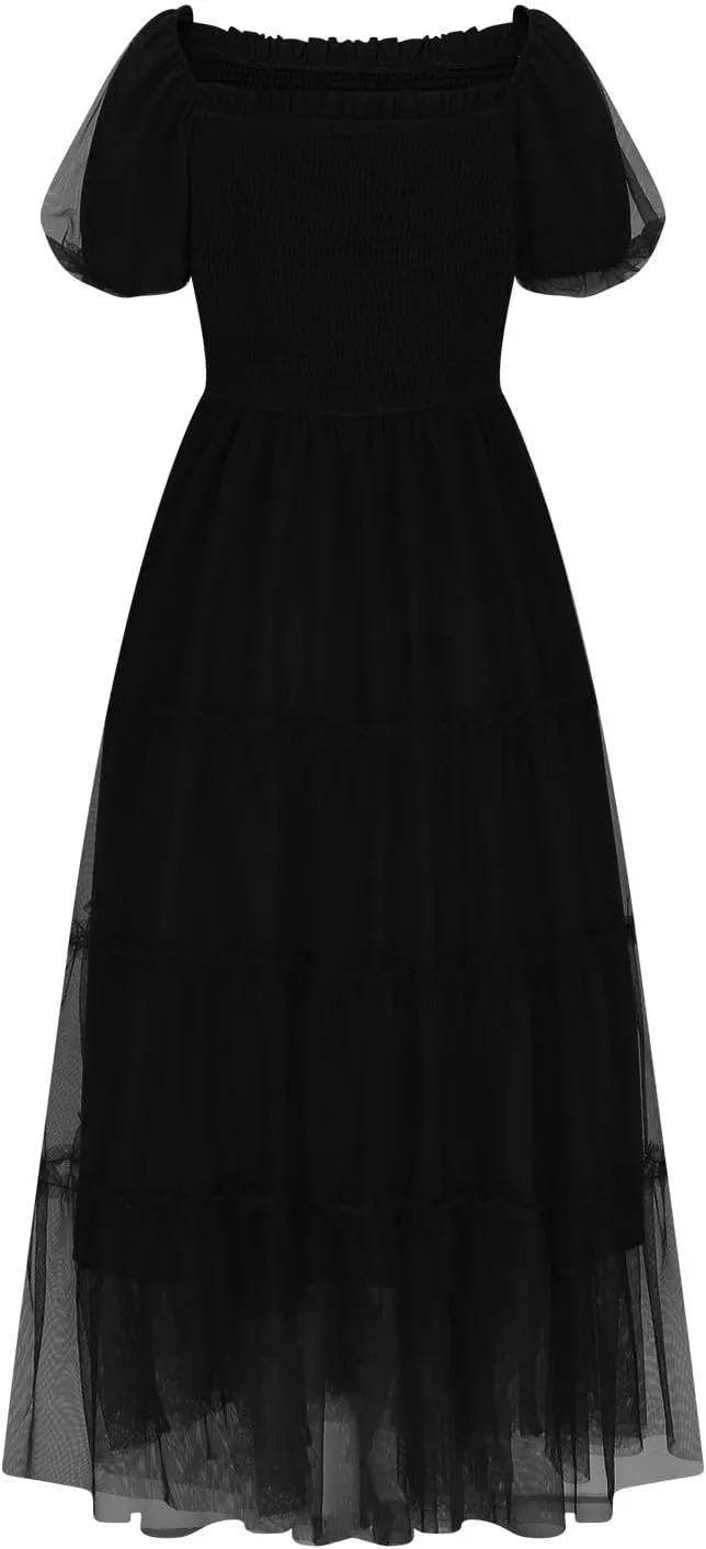 Summer Dresses for Women 2025 Square Neck Puff Sleeve Smocked Wedding Guest Maxi Dress Tiered Flowy Spring Fall Dress