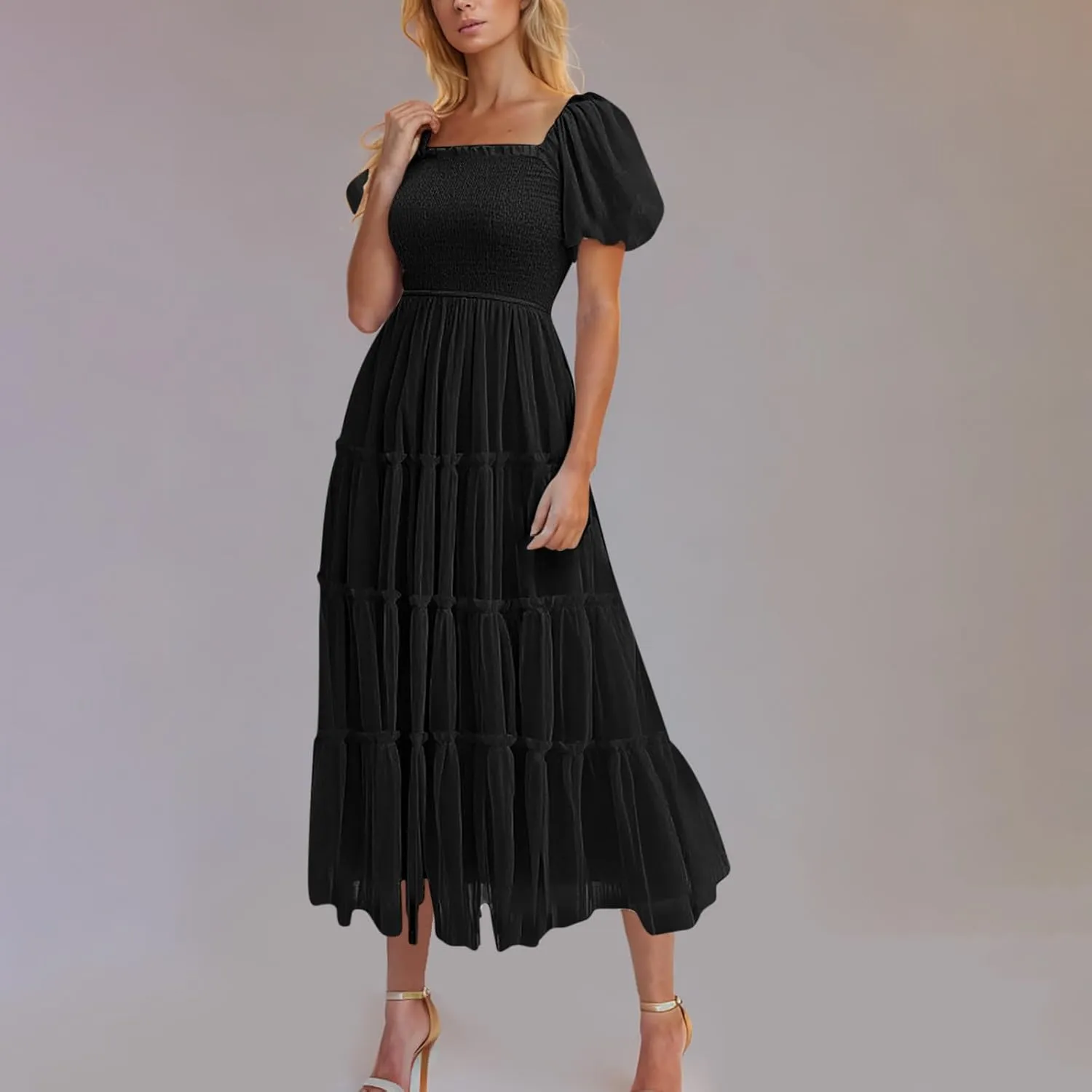 Summer Dresses for Women 2025 Square Neck Puff Sleeve Smocked Wedding Guest Maxi Dress Tiered Flowy Spring Fall Dress