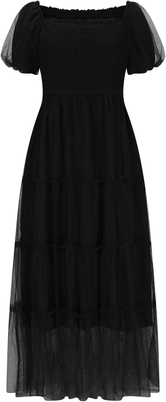 Summer Dresses for Women 2025 Square Neck Puff Sleeve Smocked Wedding Guest Maxi Dress Tiered Flowy Spring Fall Dress