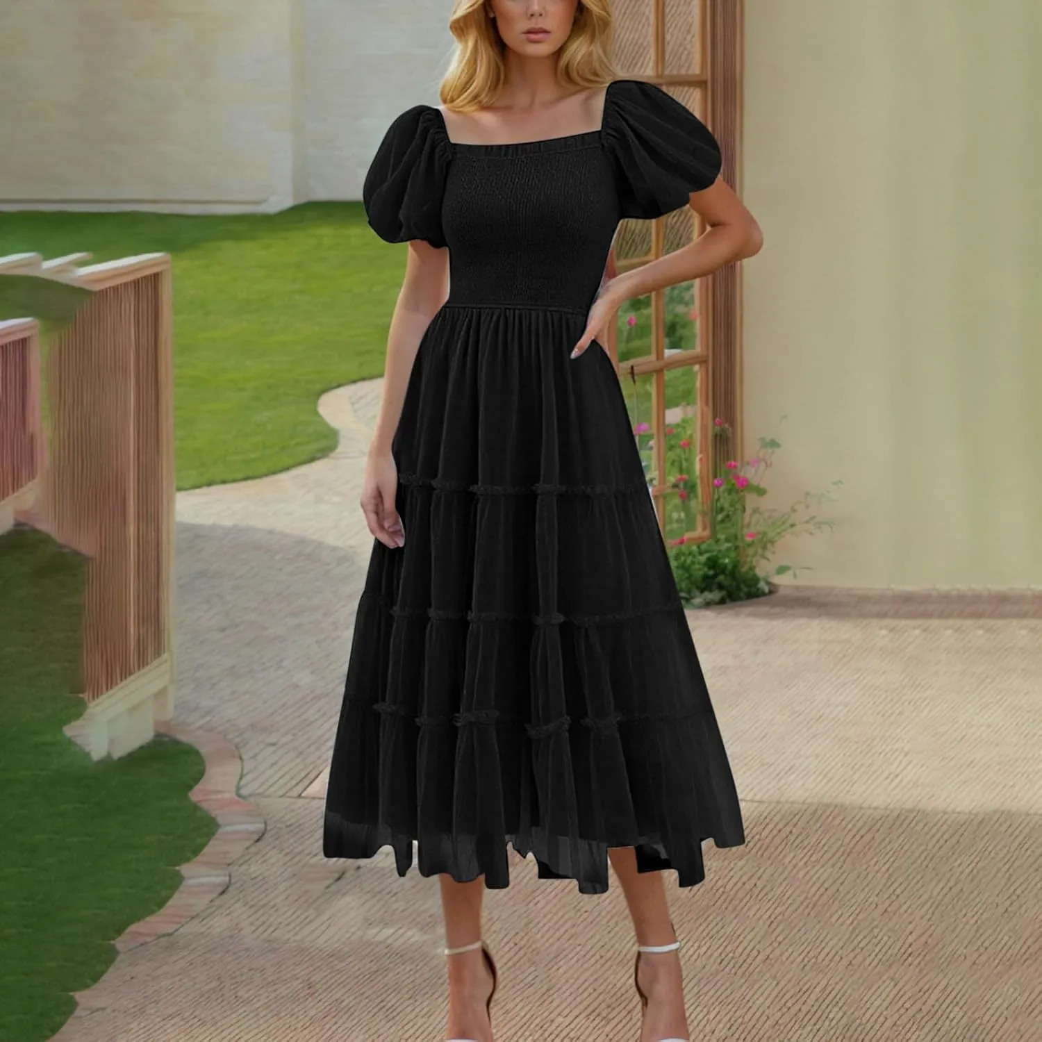 Summer Dresses for Women 2025 Square Neck Puff Sleeve Smocked Wedding Guest Maxi Dress Tiered Flowy Spring Fall Dress