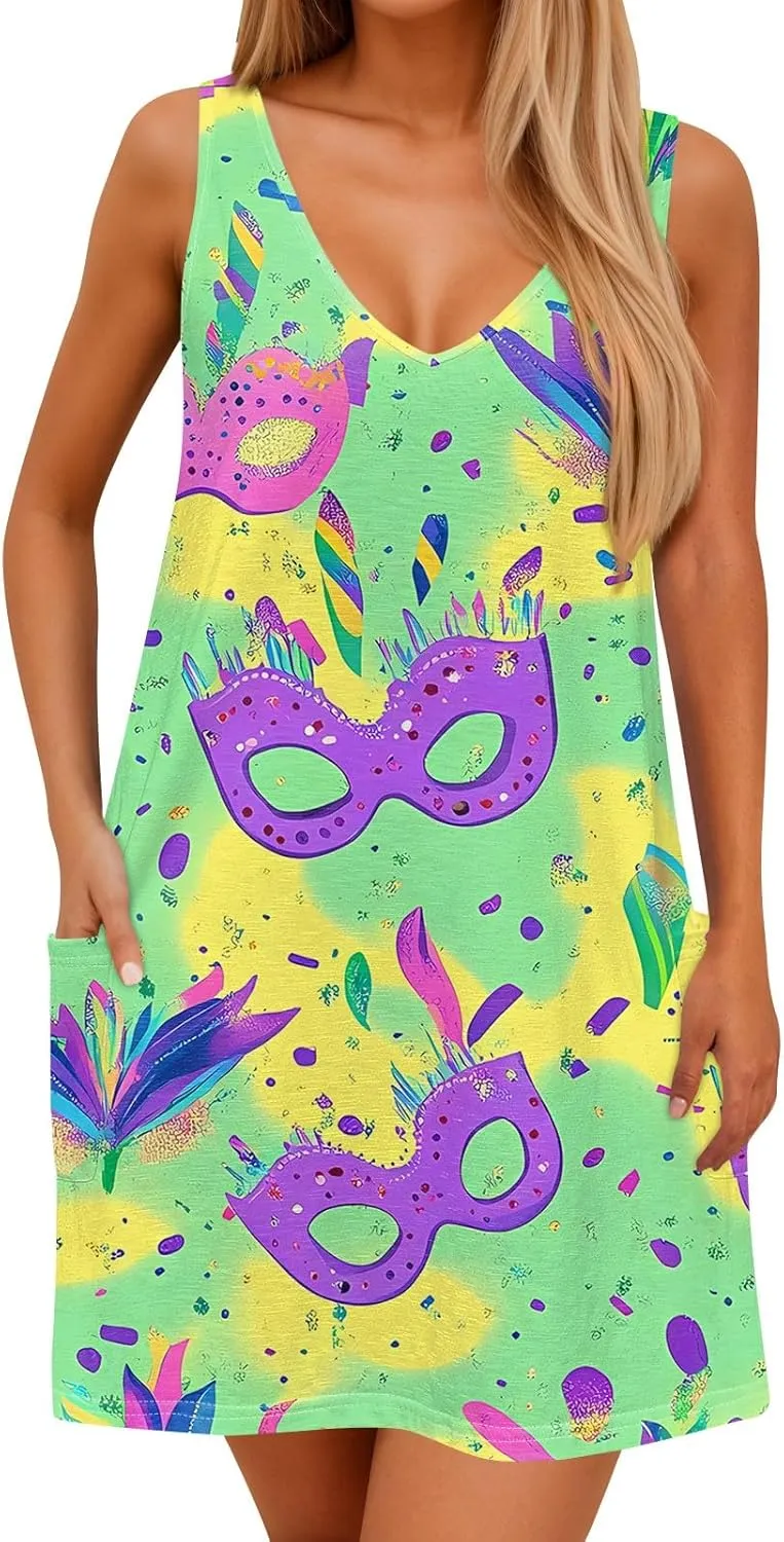 Summer Dresses for Women 2025 Vacation Sundress Printed Sleeveless Swimsuit Coverup Casual V Neck Dress with Pocket