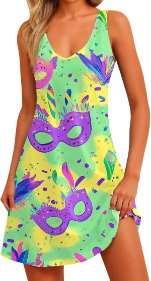 Summer Dresses for Women 2025 Vacation Sundress Printed Sleeveless Swimsuit Coverup Casual V Neck Dress with Pocket