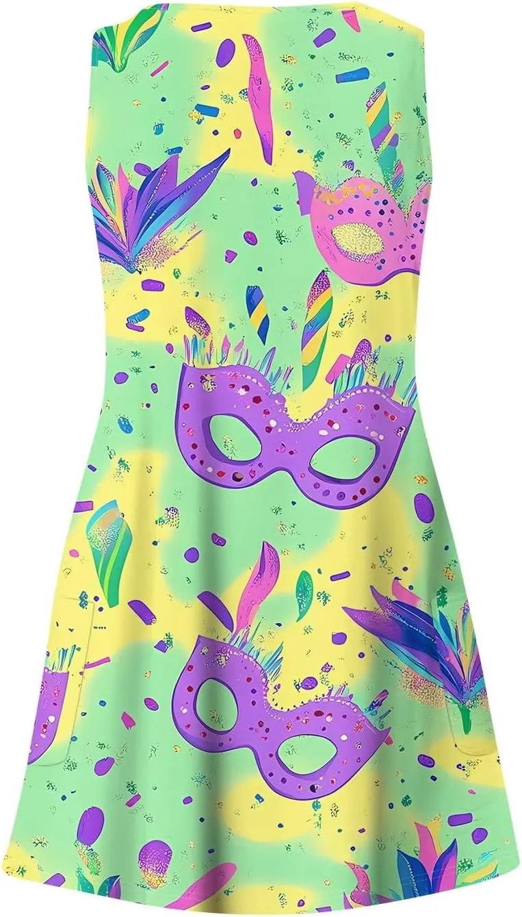 Summer Dresses for Women 2025 Vacation Sundress Printed Sleeveless Swimsuit Coverup Casual V Neck Dress with Pocket