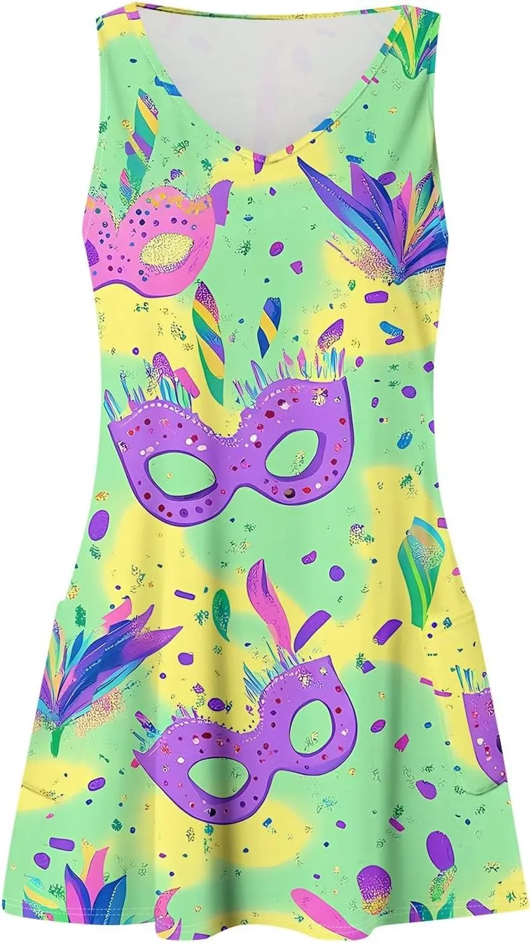 Summer Dresses for Women 2025 Vacation Sundress Printed Sleeveless Swimsuit Coverup Casual V Neck Dress with Pocket