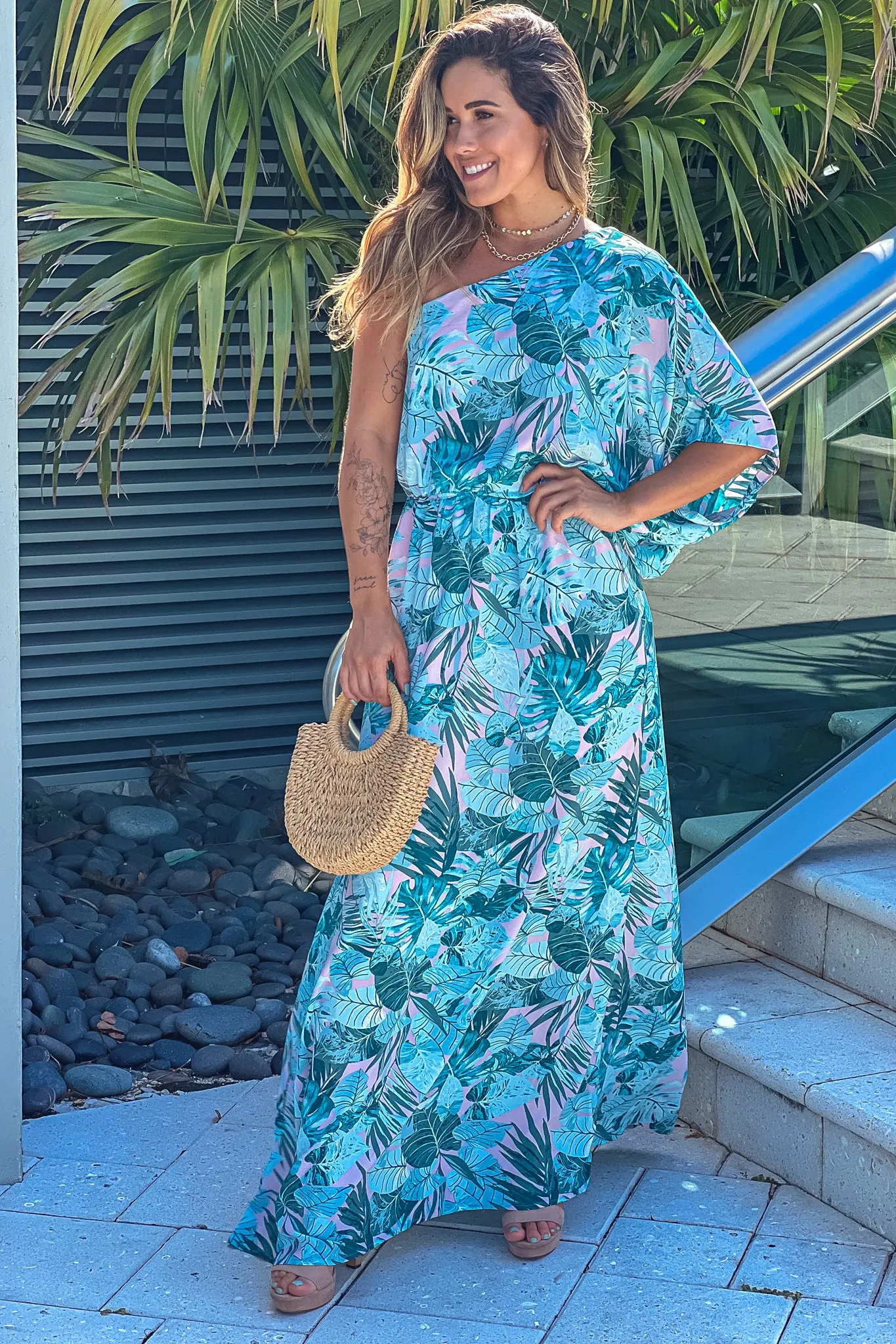 Teal Tropical Print One Shoulder Maxi Dress