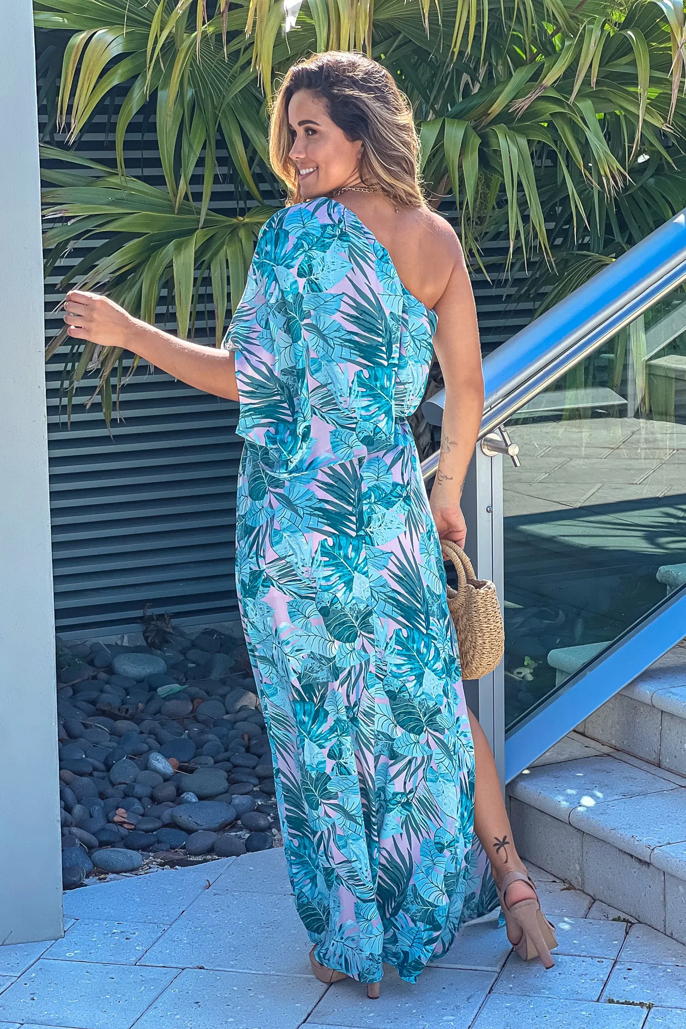 Teal Tropical Print One Shoulder Maxi Dress