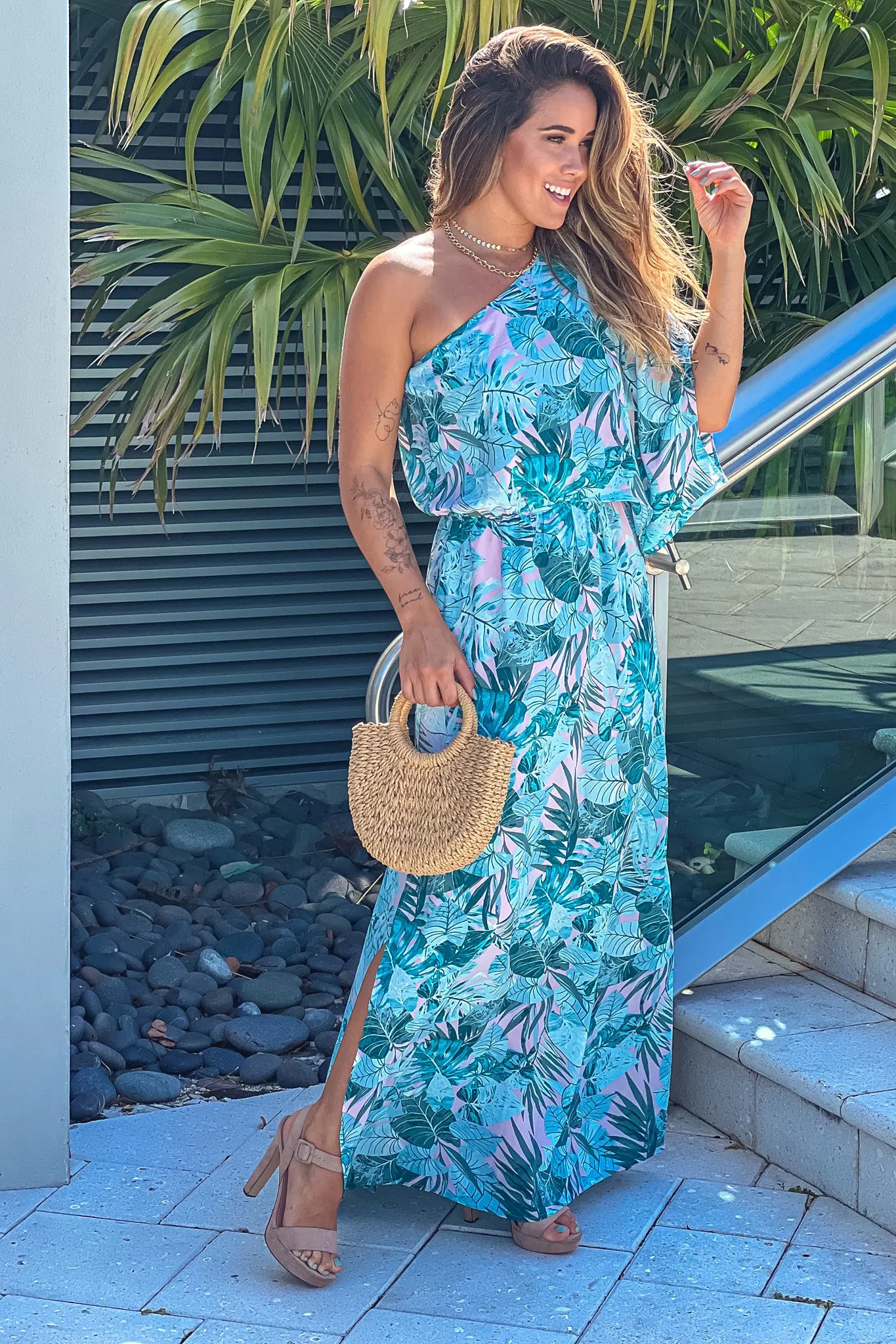 Teal Tropical Print One Shoulder Maxi Dress