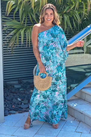 Teal Tropical Print One Shoulder Maxi Dress