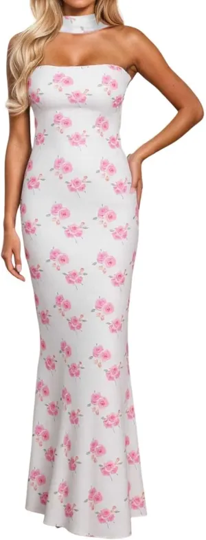 Tube Floral Maxi Dresses Strapless Backless Bodycon Dress Sexy Summer Cocktail Dress for Beach Weddings & Formal Events