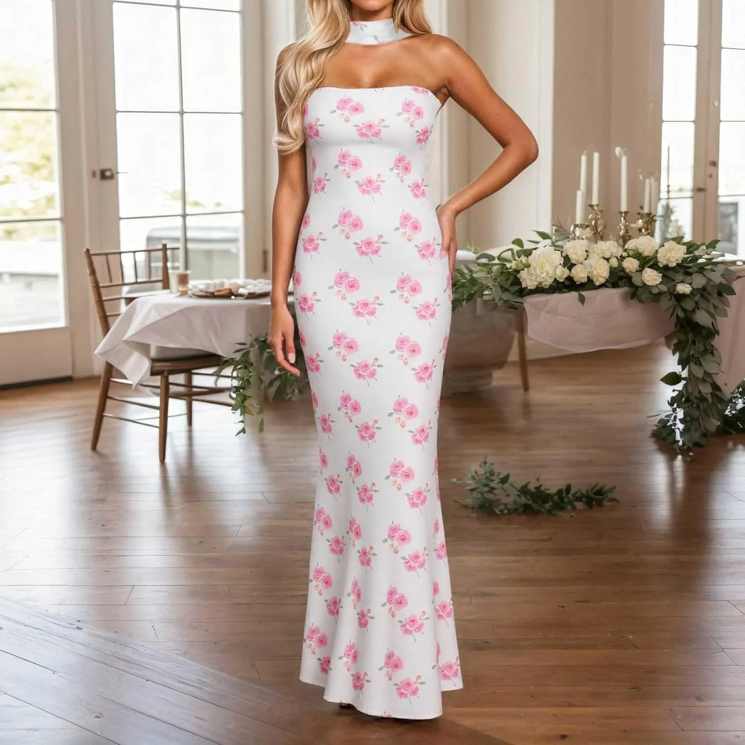 Tube Floral Maxi Dresses Strapless Backless Bodycon Dress Sexy Summer Cocktail Dress for Beach Weddings & Formal Events