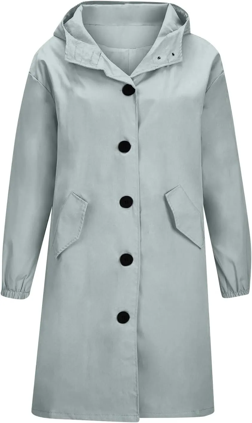 UOFOCO Womens Anorak Rain Coat with Hood Waterproof Plus Size Long Rain Jacket Trench Coat Windbreaker for Women