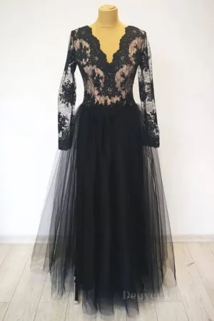 V Neck Long Sleeves Black Lace Long Prom Dress Long Sleeves Black Lace Formal Dress Black Lace Evening Dress