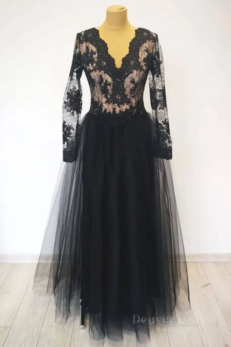 V Neck Long Sleeves Black Lace Long Prom Dress Long Sleeves Black Lace Formal Dress Black Lace Evening Dress