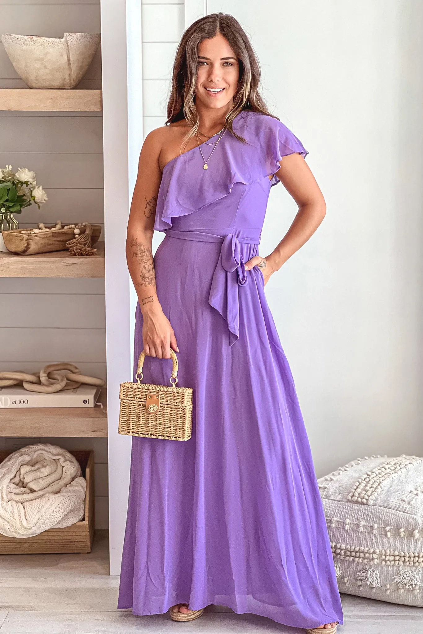 Violet One Shoulder Maxi Dress With Pockets