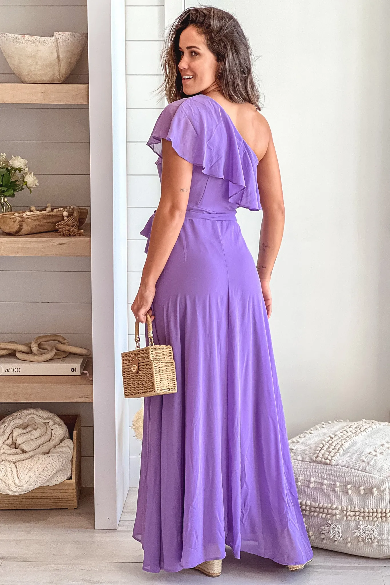 Violet One Shoulder Maxi Dress With Pockets