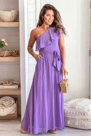Violet One Shoulder Maxi Dress With Pockets