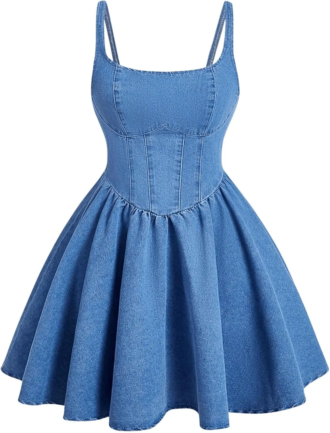 WDIRARA Women's Casual Square Neck Denim Dress Ruffle Hem A Line Mini Dress