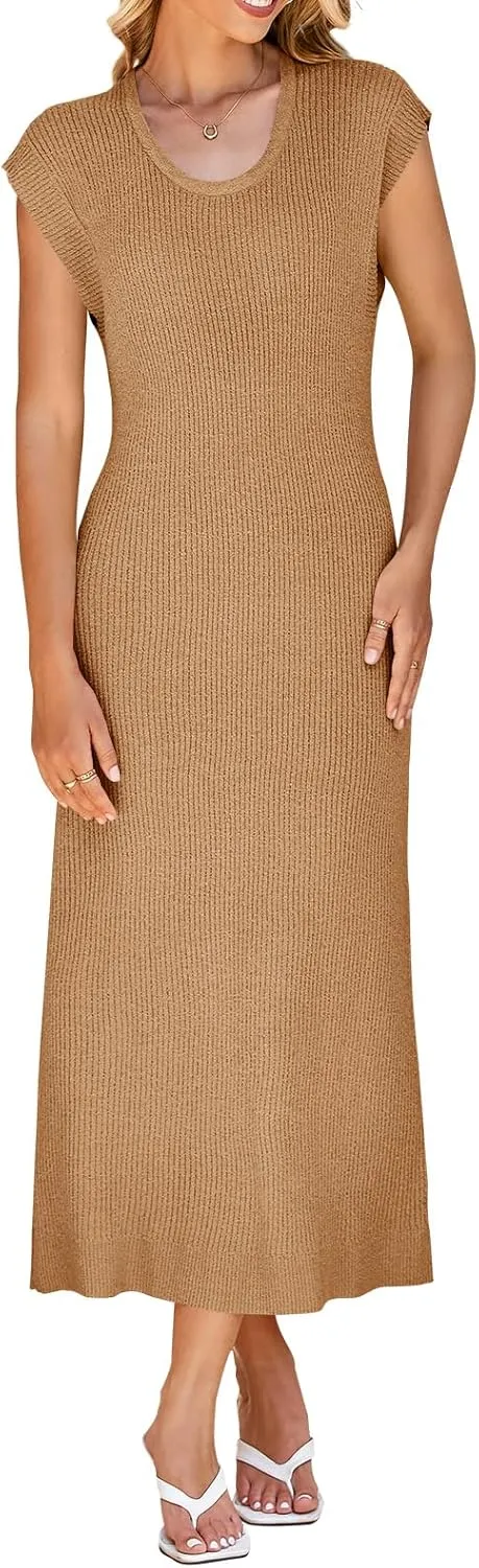Wenrine Womens Ribbed Knit Maxi Dress Casual Short Sleeve Loose Fit Summer Long Dress