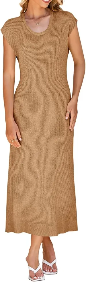 Wenrine Womens Ribbed Knit Maxi Dress Casual Short Sleeve Loose Fit Summer Long Dress