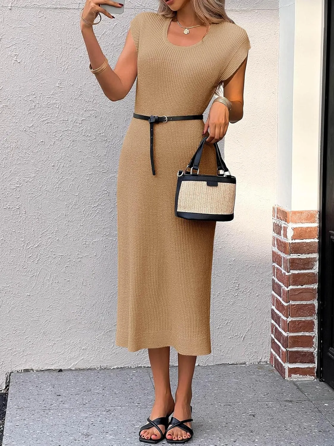 Wenrine Womens Ribbed Knit Maxi Dress Casual Short Sleeve Loose Fit Summer Long Dress