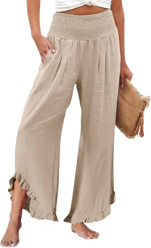 Wide Leg Pants Woman Flowy 2025 Summer Palazzo Trousers Dressy Cotton Linen Boho Long Pant Lounge with Pockets