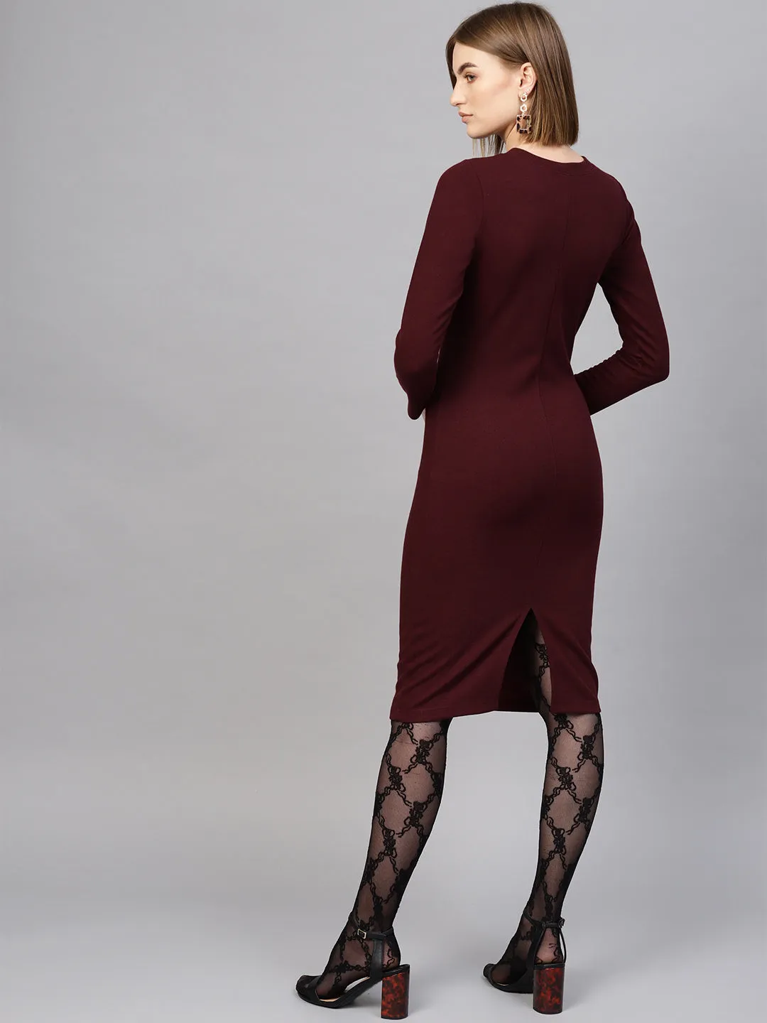 Women Burgundy Rib Full Sleeves Bodycon Dress
